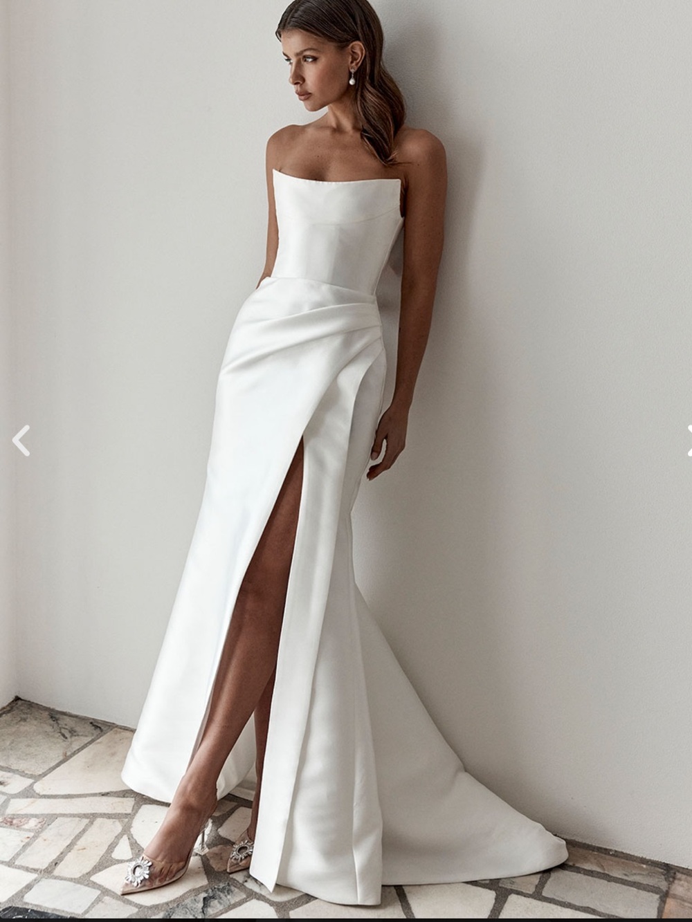 Strapless Ivory Satin Bridal Gown with Detachable Overskirt/Train